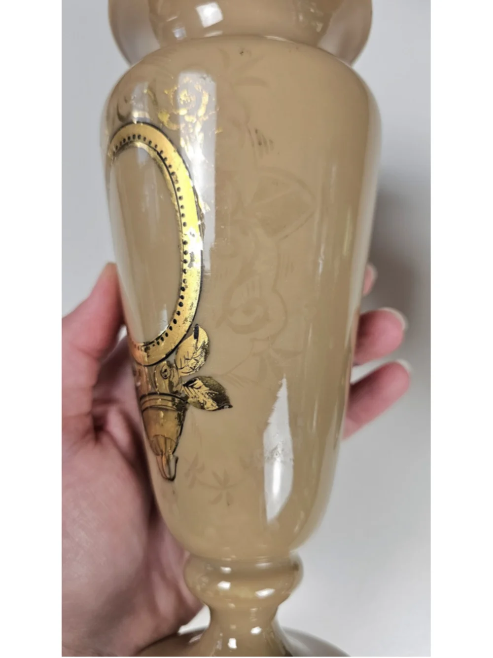 Antique Victorian Bristol Glass Vase Set Gold Gilt Hand Blown Taupe Pontil 8.5
